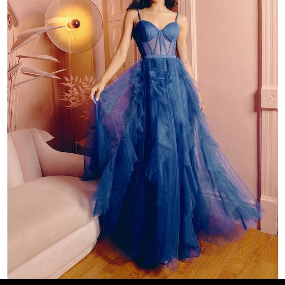 Blonde Nites sweetheart neckline spaghetti strap corset mesh ruffle royal blue